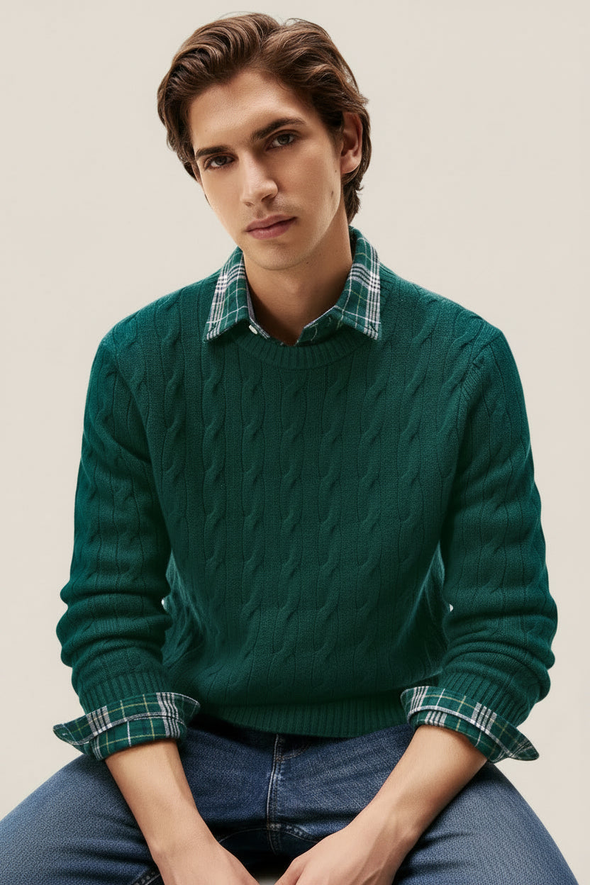 Maglione Girocollo In Lana Intrecciata Con Logo Bandierina Ricamato