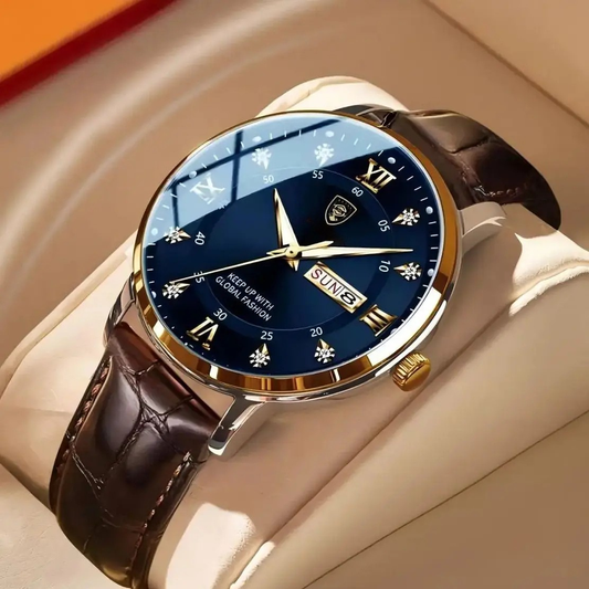 POEDAGAR Classic Day-Date Leather Watch