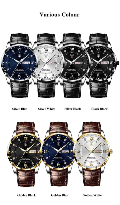 POEDAGAR Classic Day-Date Leather Watch