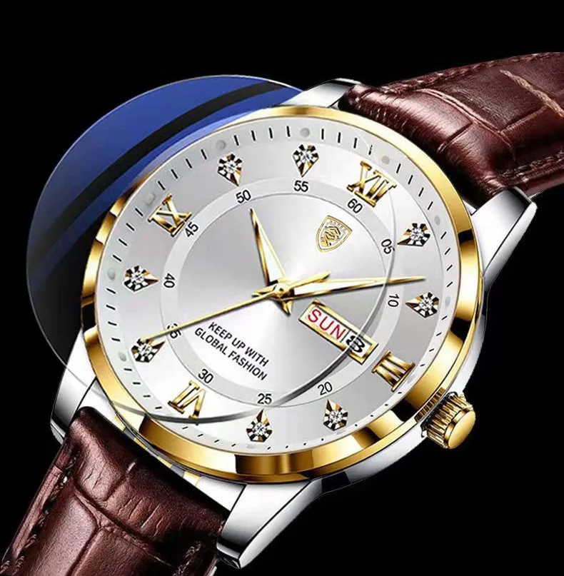 POEDAGAR Classic Day-Date Leather Watch