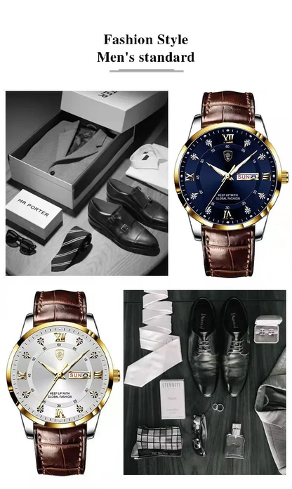 POEDAGAR Classic Day-Date Leather Watch