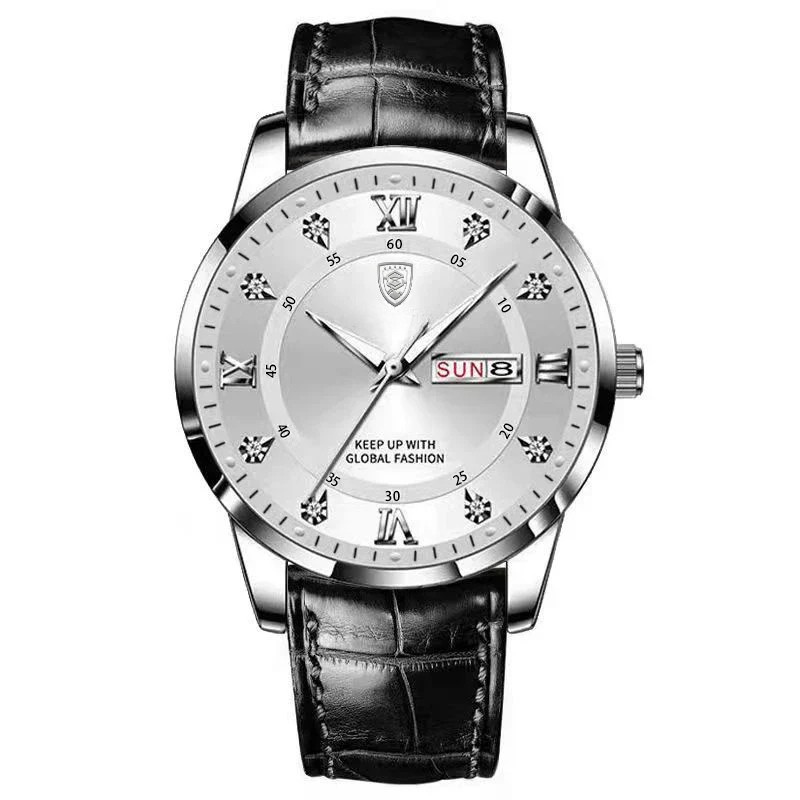 POEDAGAR Classic Day-Date Leather Watch