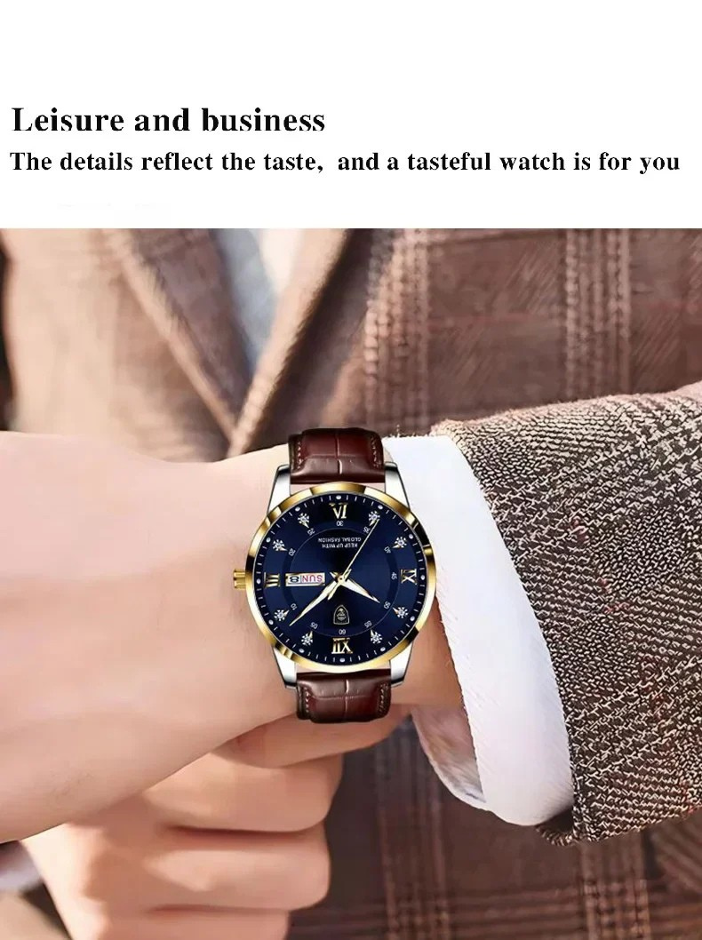 POEDAGAR Classic Day-Date Leather Watch