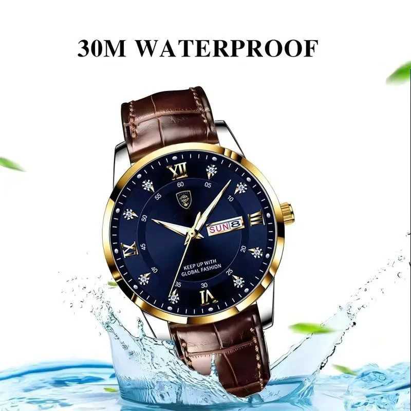 POEDAGAR Classic Day-Date Leather Watch