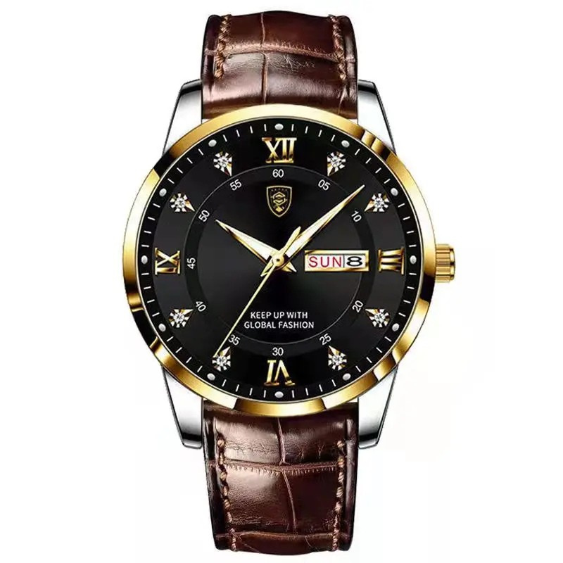POEDAGAR Classic Day-Date Leather Watch