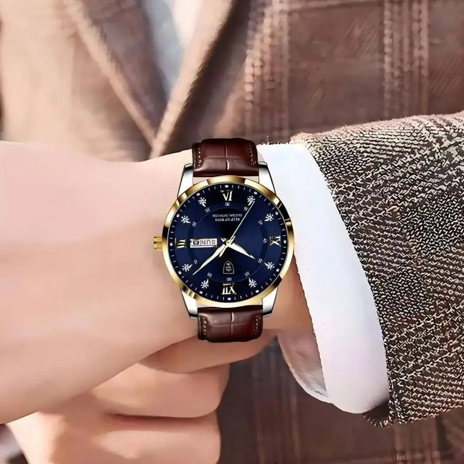 POEDAGAR Classic Day-Date Leather Watch