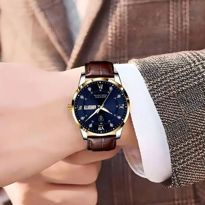 POEDAGAR Classic Day-Date Leather Watch