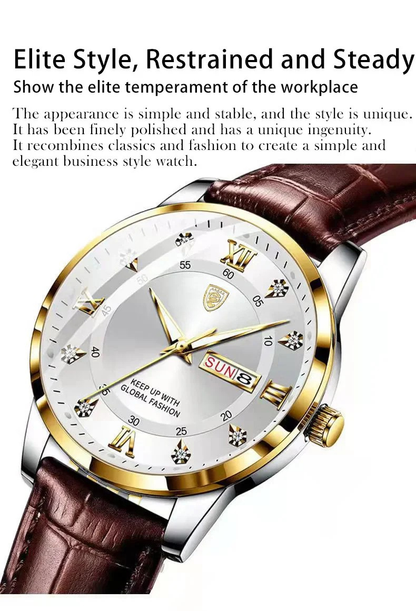 POEDAGAR Classic Day-Date Leather Watch