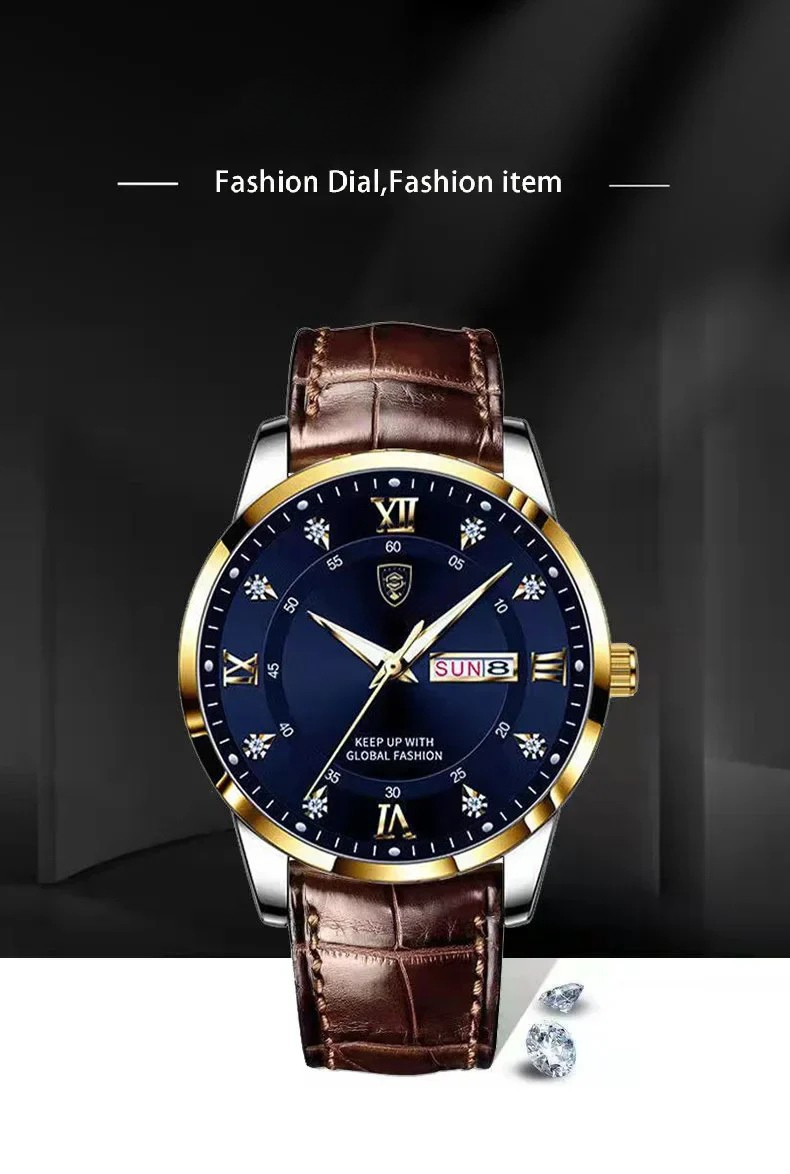 POEDAGAR Classic Day-Date Leather Watch
