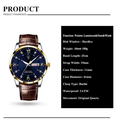 POEDAGAR Classic Day-Date Leather Watch