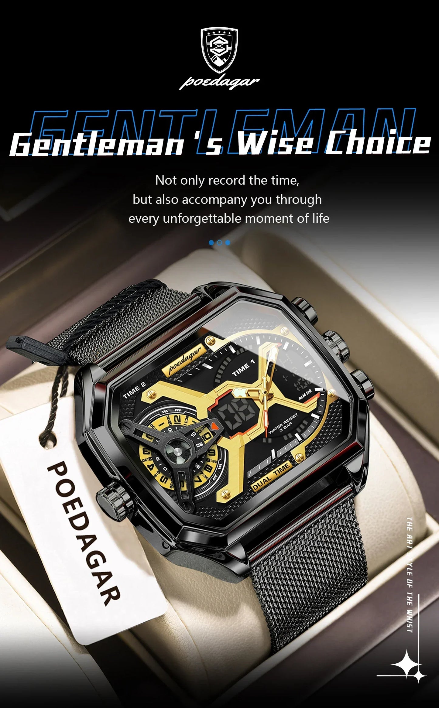POEDAGAR Tactical Dual Display Chronograph Watch