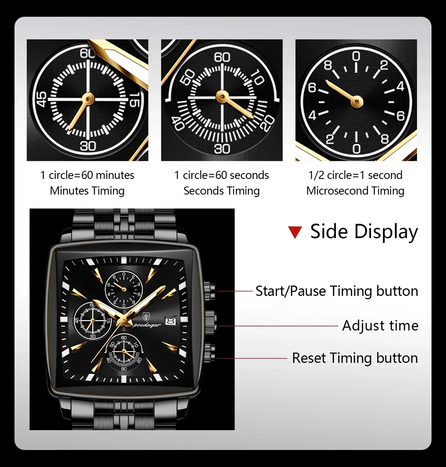 POEDAGAR Square Steel Watch