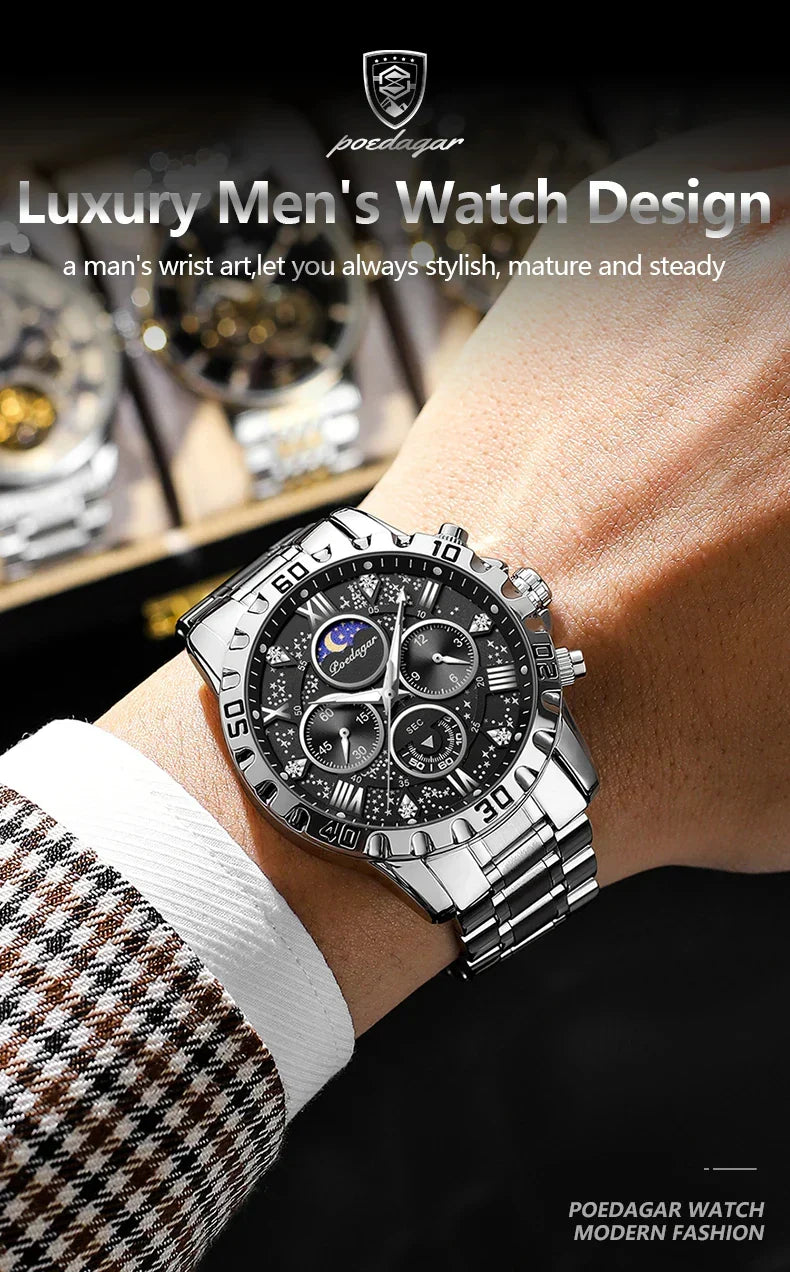 POEDAGAR Chrono Steel Watch