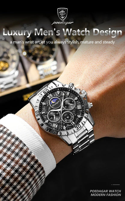 POEDAGAR Chrono Steel Watch