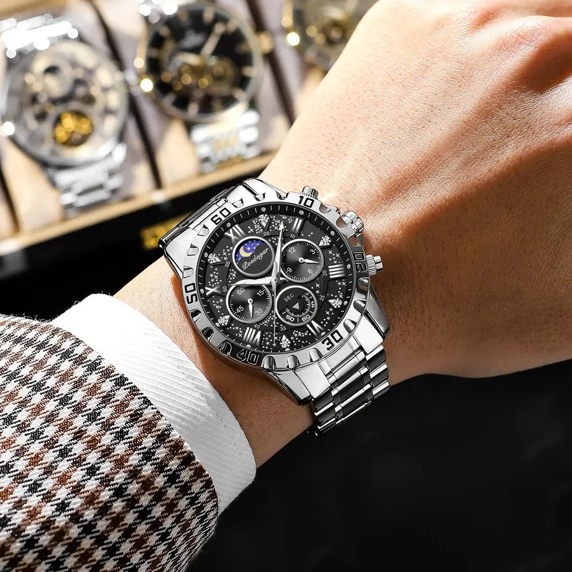 POEDAGAR Chrono Steel Watch
