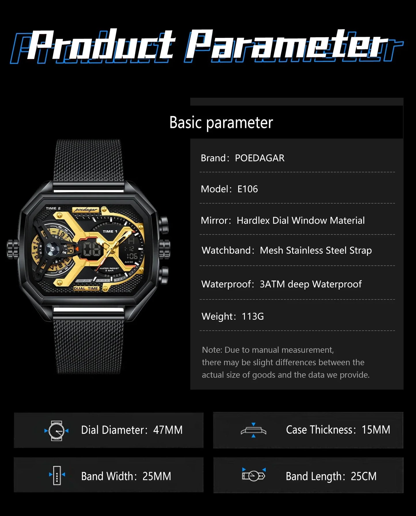 POEDAGAR Tactical Dual Display Chronograph Watch