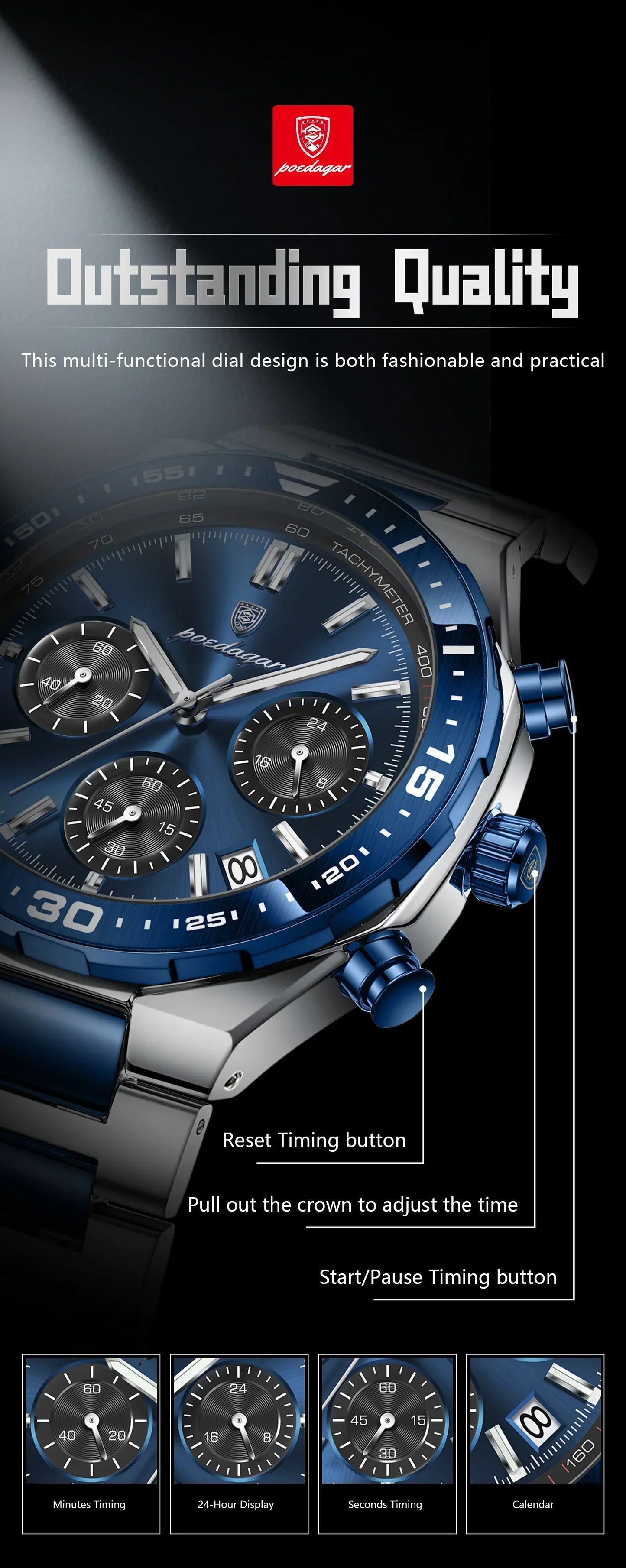 POEDAGAR Chrono Steel Watch