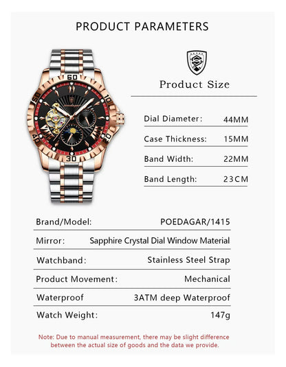 POEDAGAR Prestige Automatic Skeleton Sport Watch