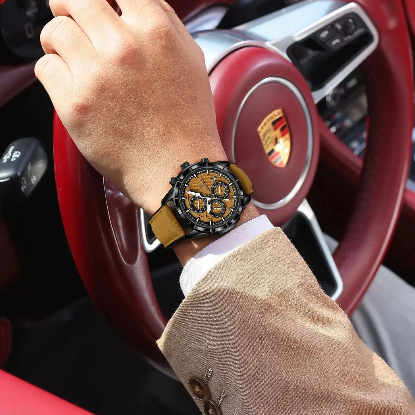 POEDAGAR Vintage Chrono Leather Watch