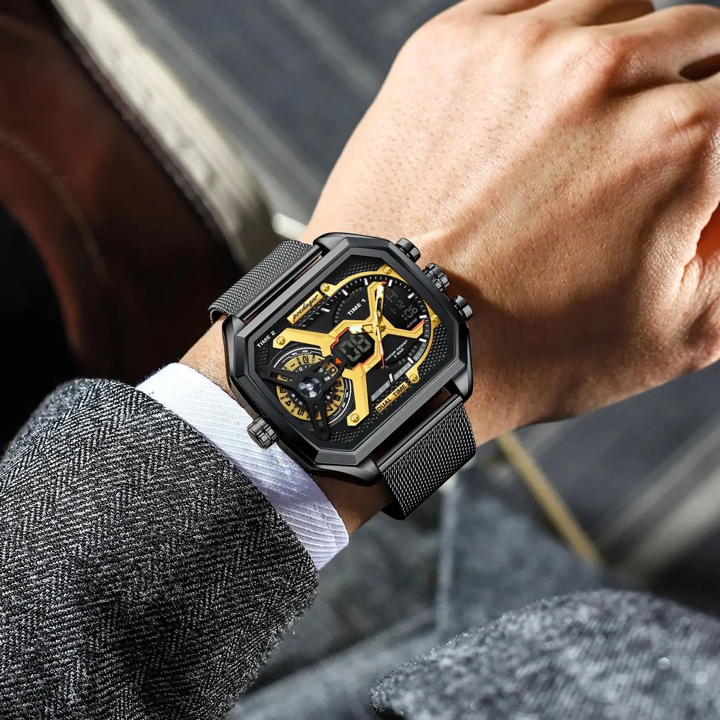 POEDAGAR Tactical Dual Display Chronograph Watch