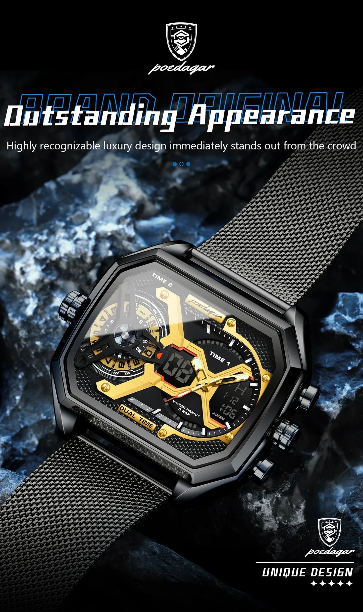 POEDAGAR Tactical Dual Display Chronograph Watch