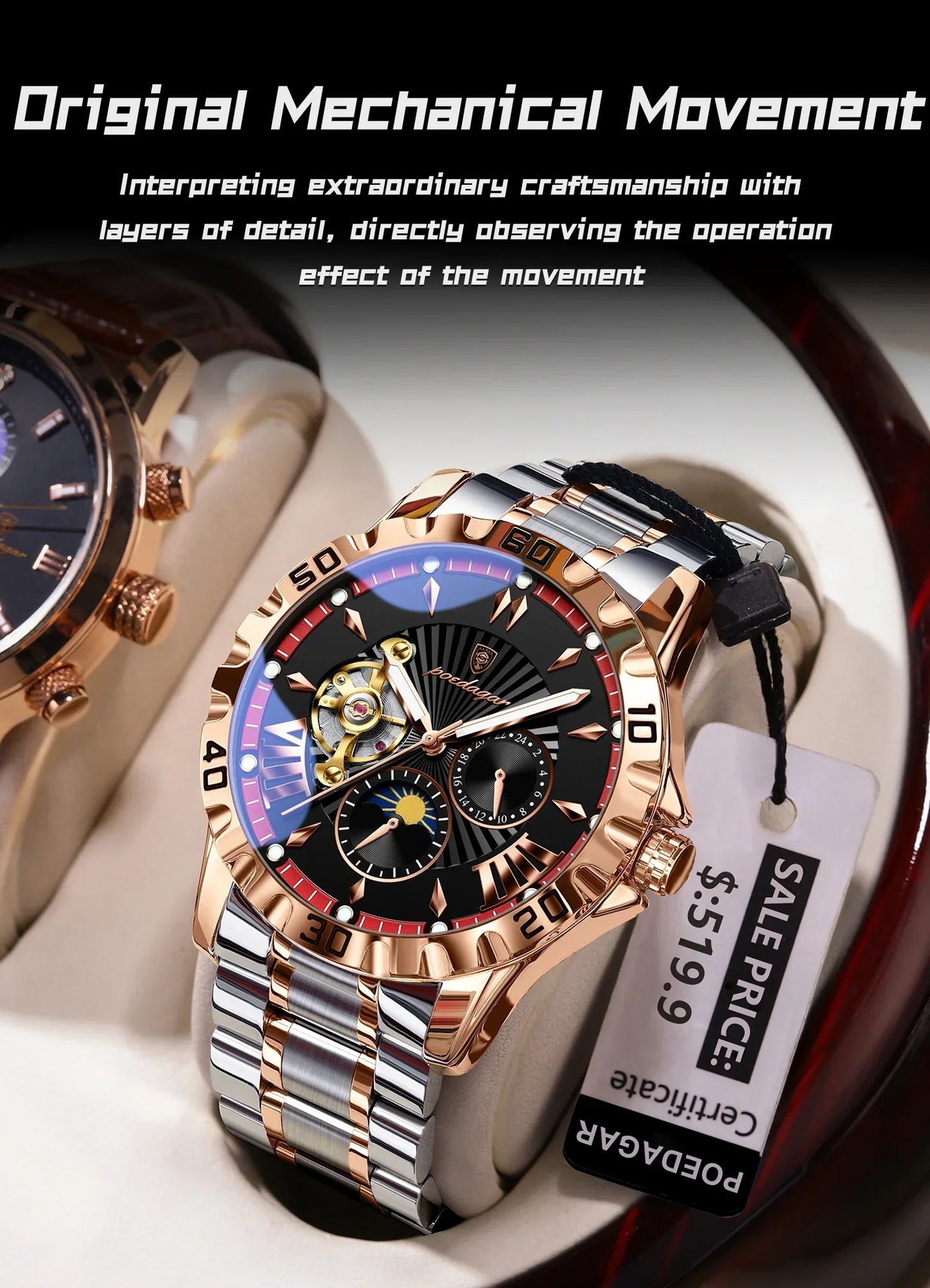 POEDAGAR Prestige Automatic Skeleton Sport Watch
