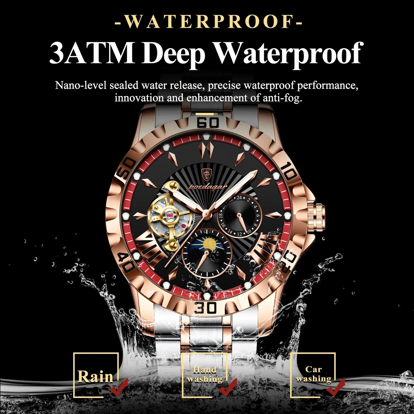 POEDAGAR Prestige Automatic Skeleton Sport Watch