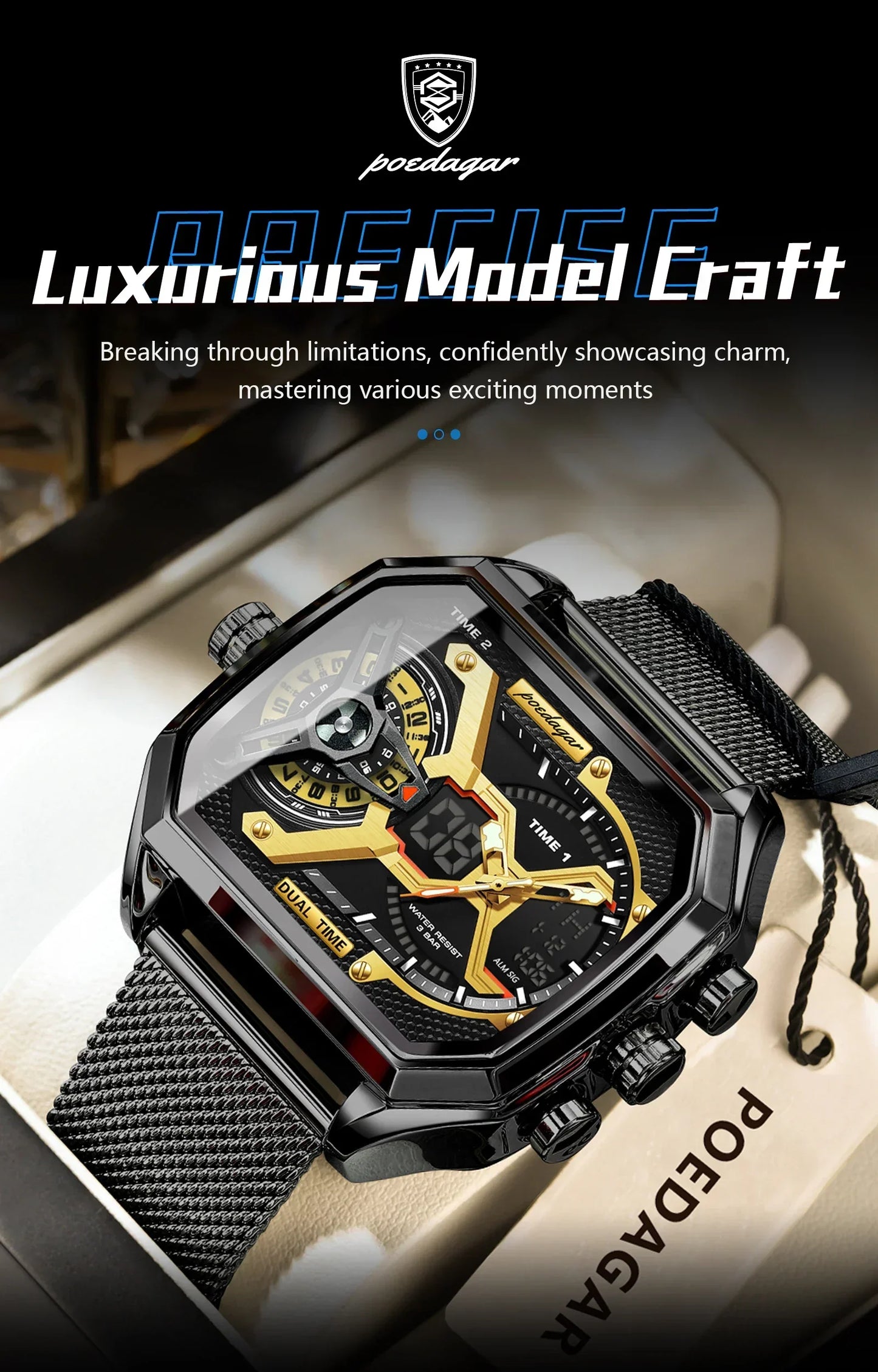 POEDAGAR Tactical Dual Display Chronograph Watch