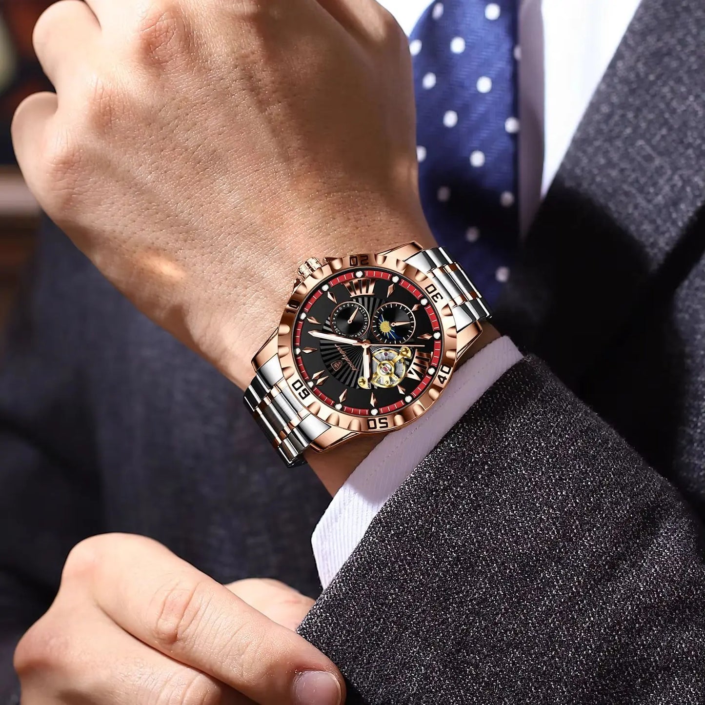 POEDAGAR Prestige Automatic Skeleton Sport Watch