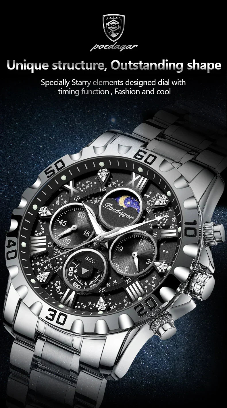 POEDAGAR Chrono Steel Watch