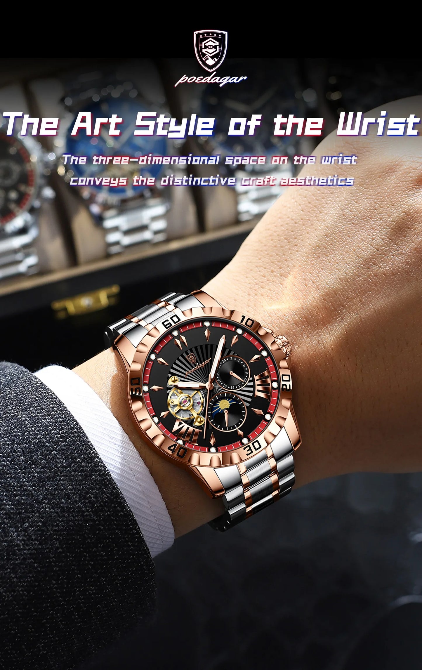 POEDAGAR Prestige Automatic Skeleton Sport Watch