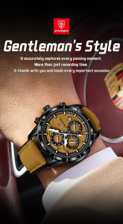 POEDAGAR Vintage Chrono Leather Watch