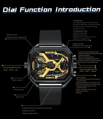 POEDAGAR Tactical Dual Display Chronograph Watch