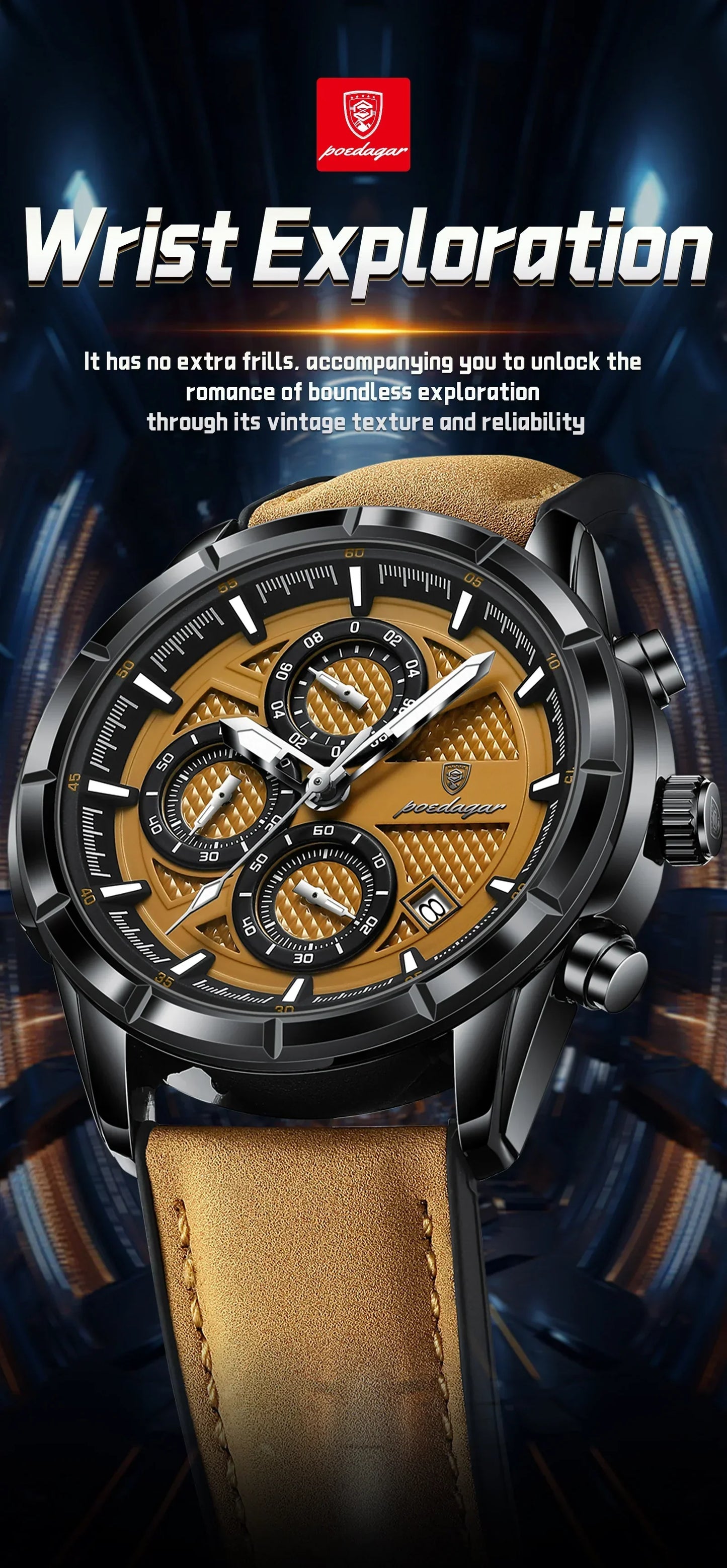POEDAGAR Vintage Chrono Leather Watch