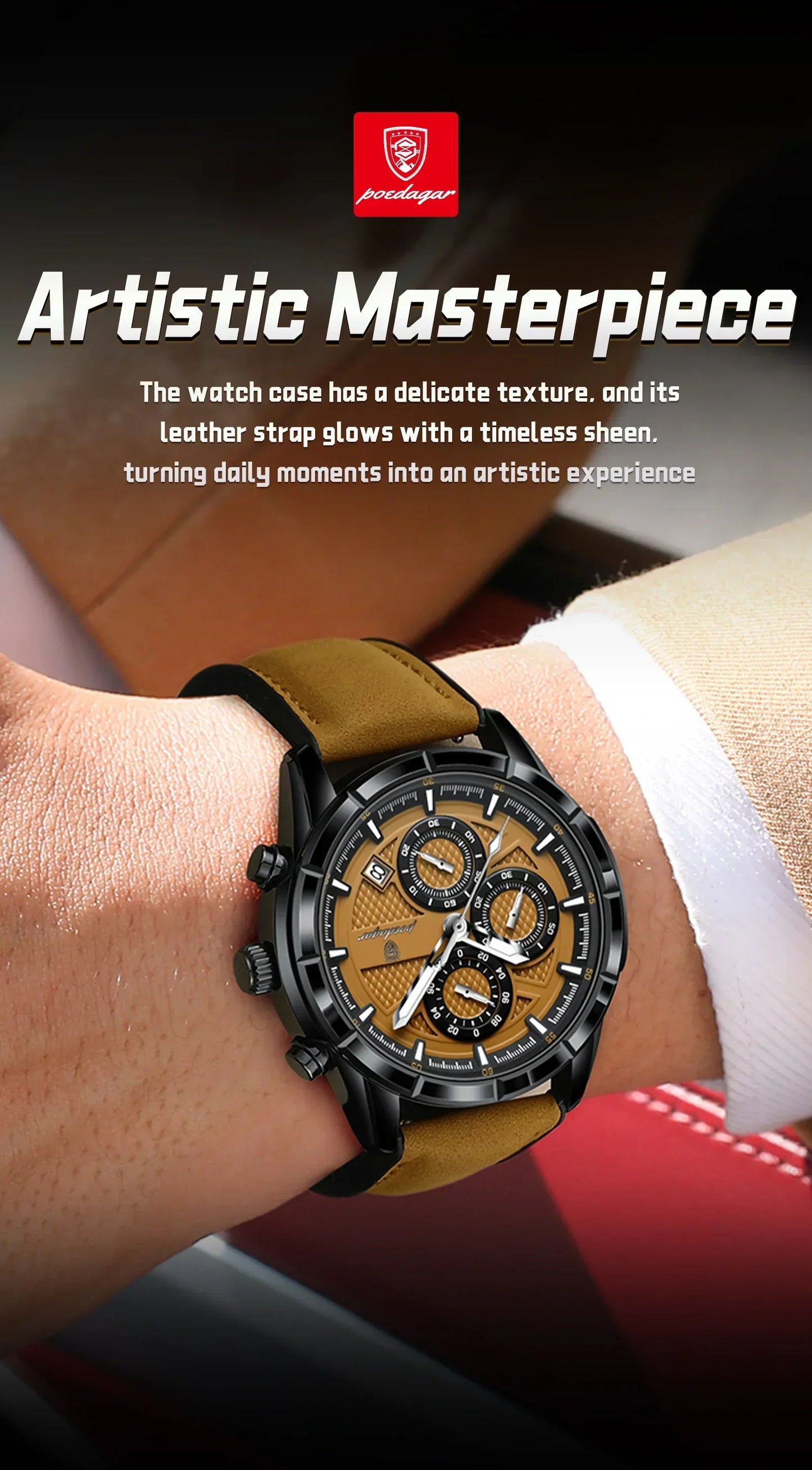 POEDAGAR Vintage Chrono Leather Watch