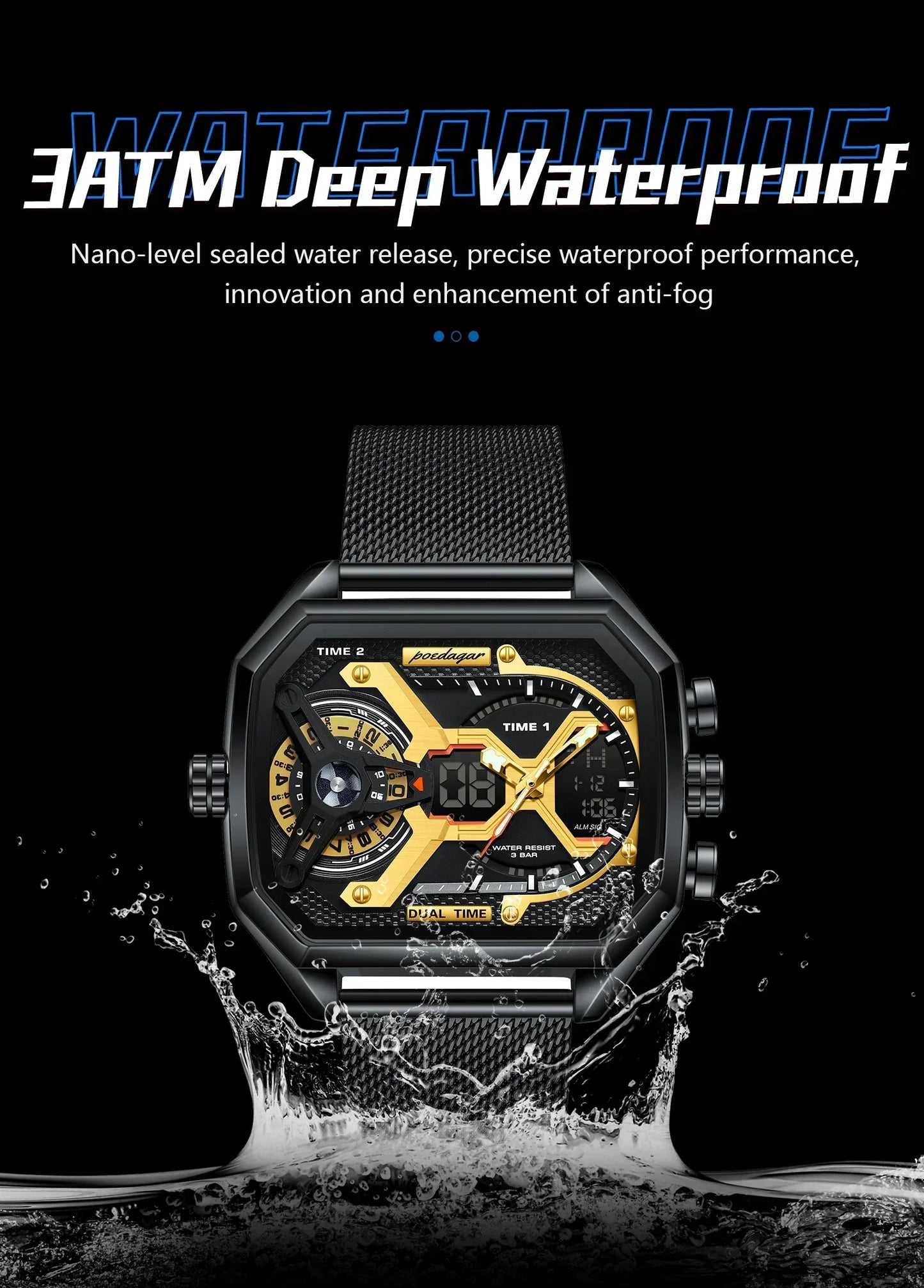 POEDAGAR Tactical Dual Display Chronograph Watch