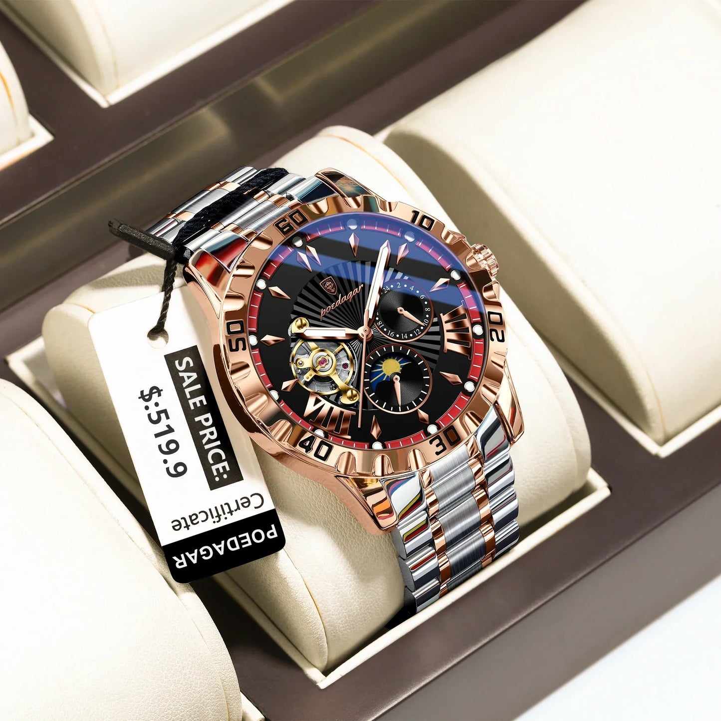 POEDAGAR Prestige Automatic Skeleton Sport Watch