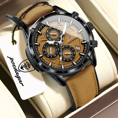 POEDAGAR Vintage Chrono Leather Watch