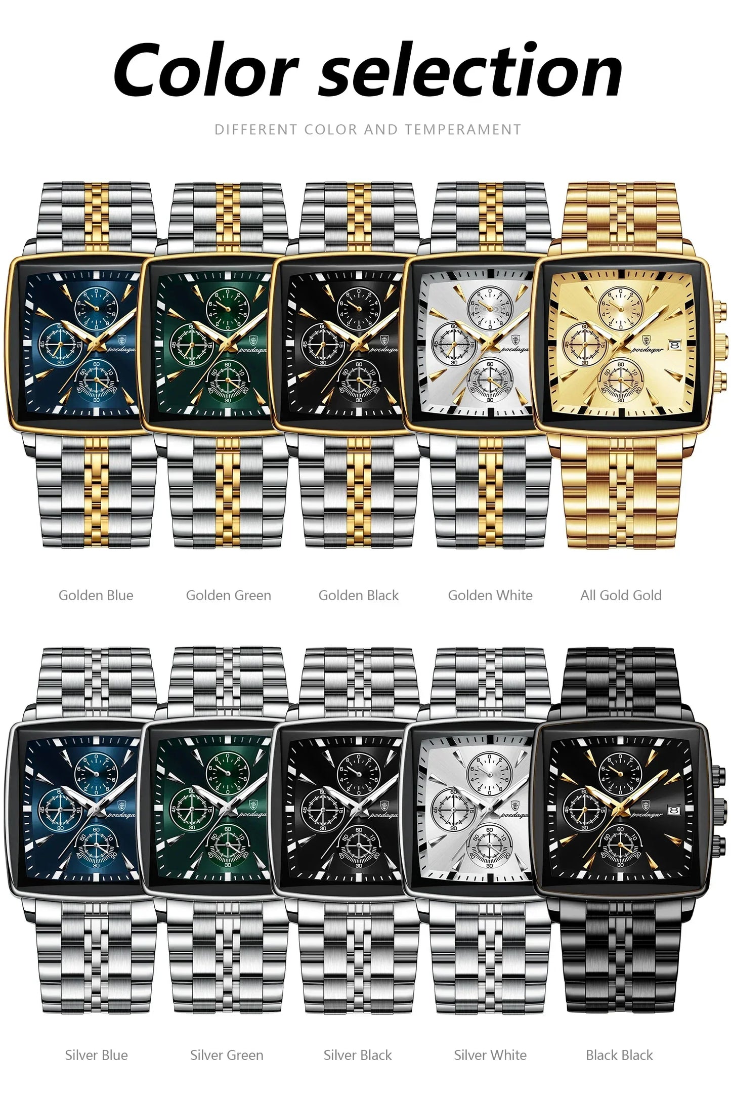 POEDAGAR Square Steel Watch
