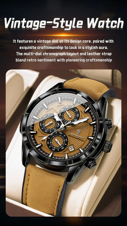 POEDAGAR Vintage Chrono Leather Watch
