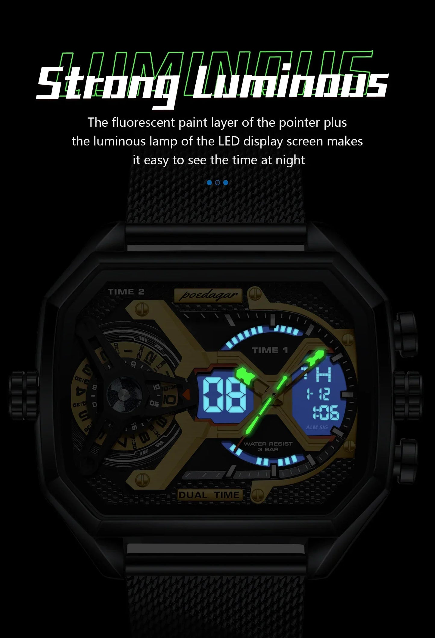 POEDAGAR Tactical Dual Display Chronograph Watch