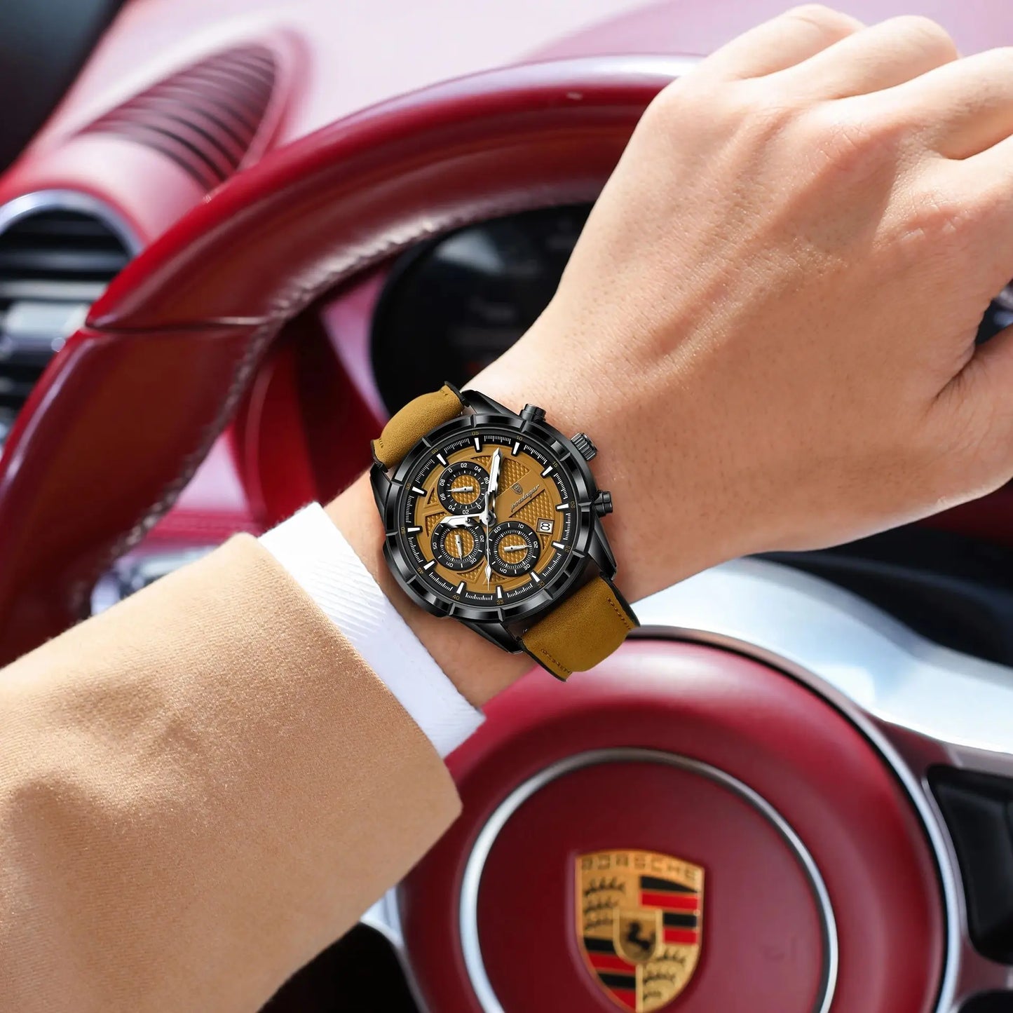 POEDAGAR Vintage Chrono Leather Watch
