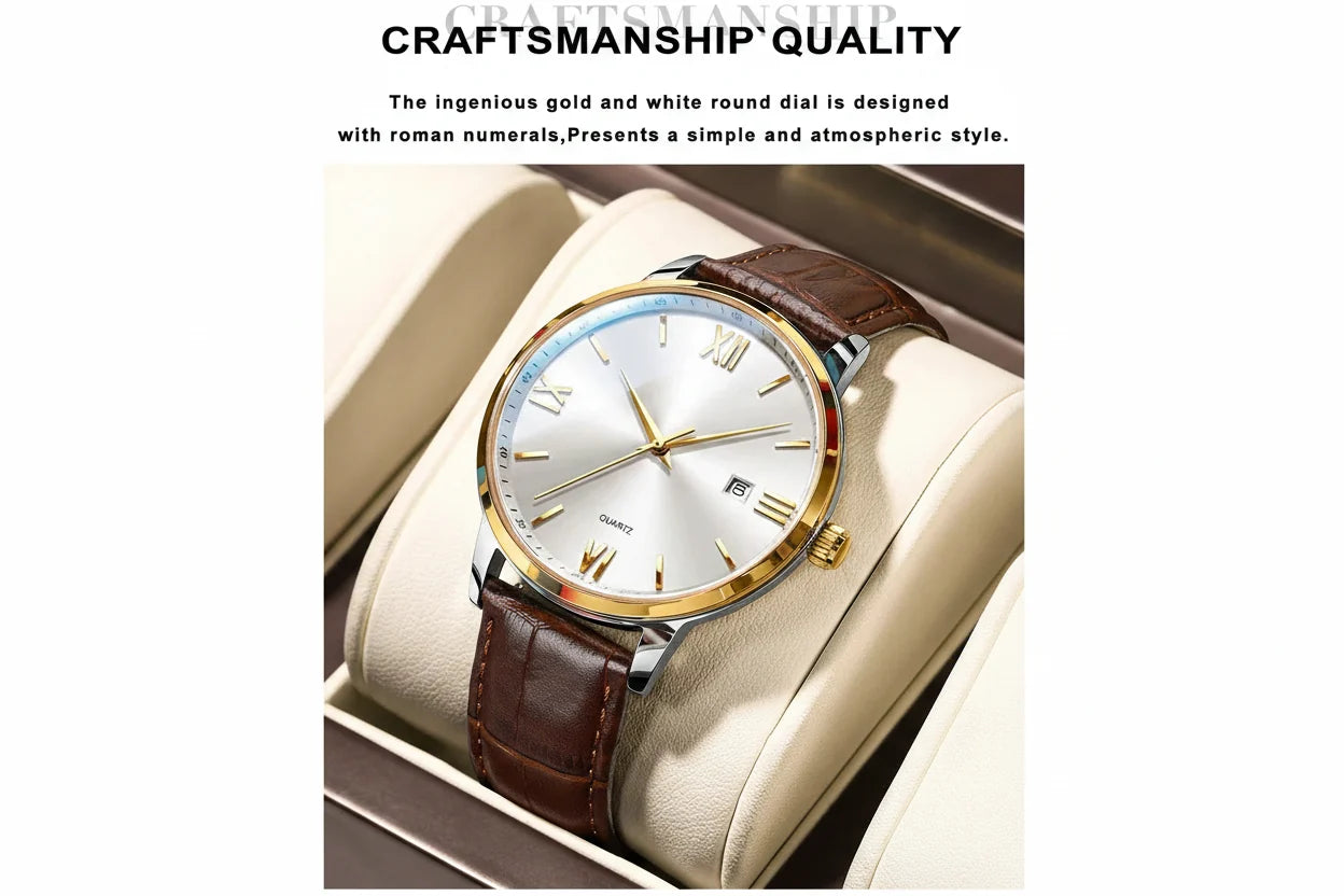 POEDAGAR Minimal Date Leather Watch
