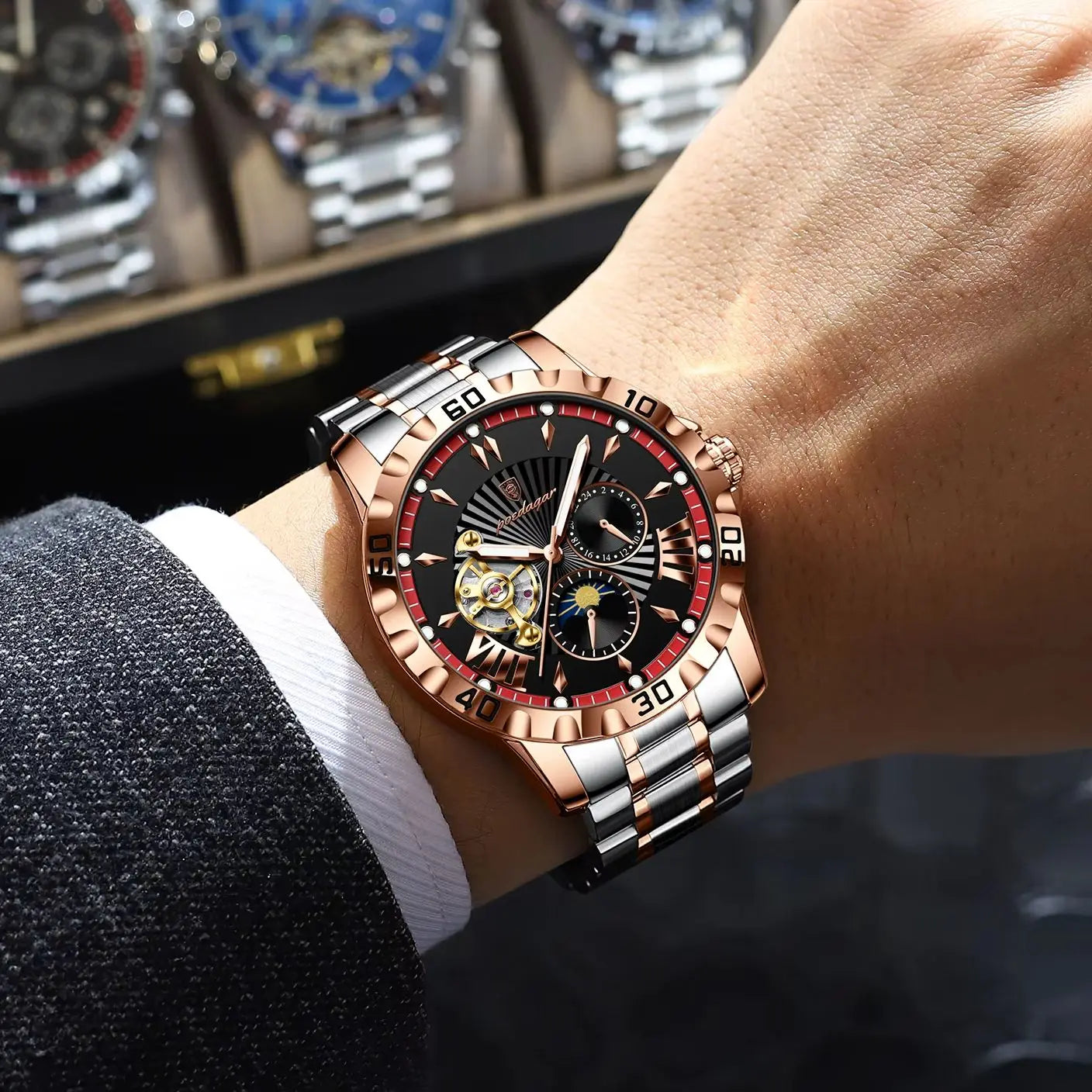 POEDAGAR Prestige Automatic Skeleton Sport Watch