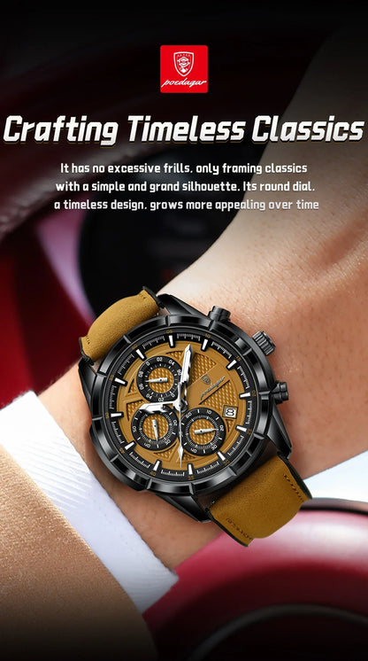 POEDAGAR Vintage Chrono Leather Watch