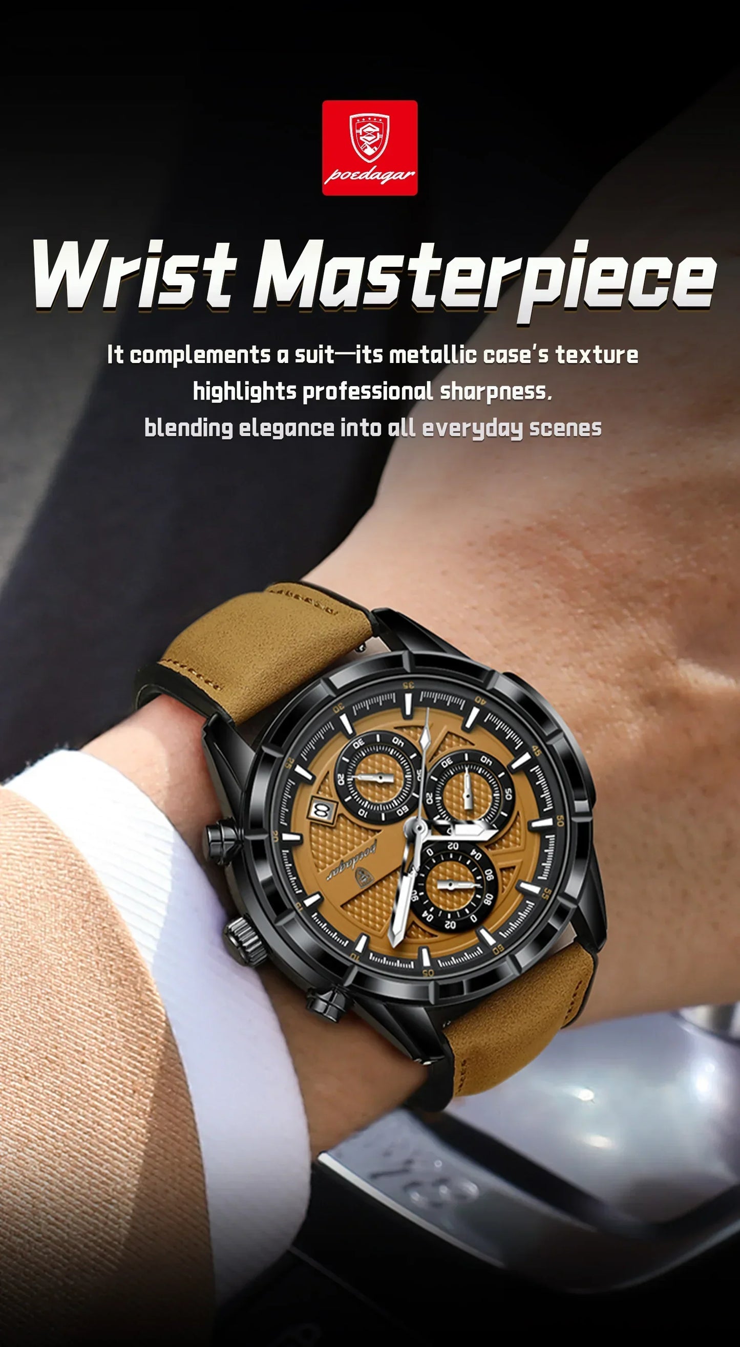 POEDAGAR Vintage Chrono Leather Watch