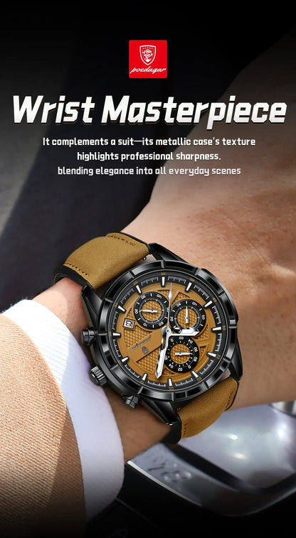 POEDAGAR Vintage Chrono Leather Watch