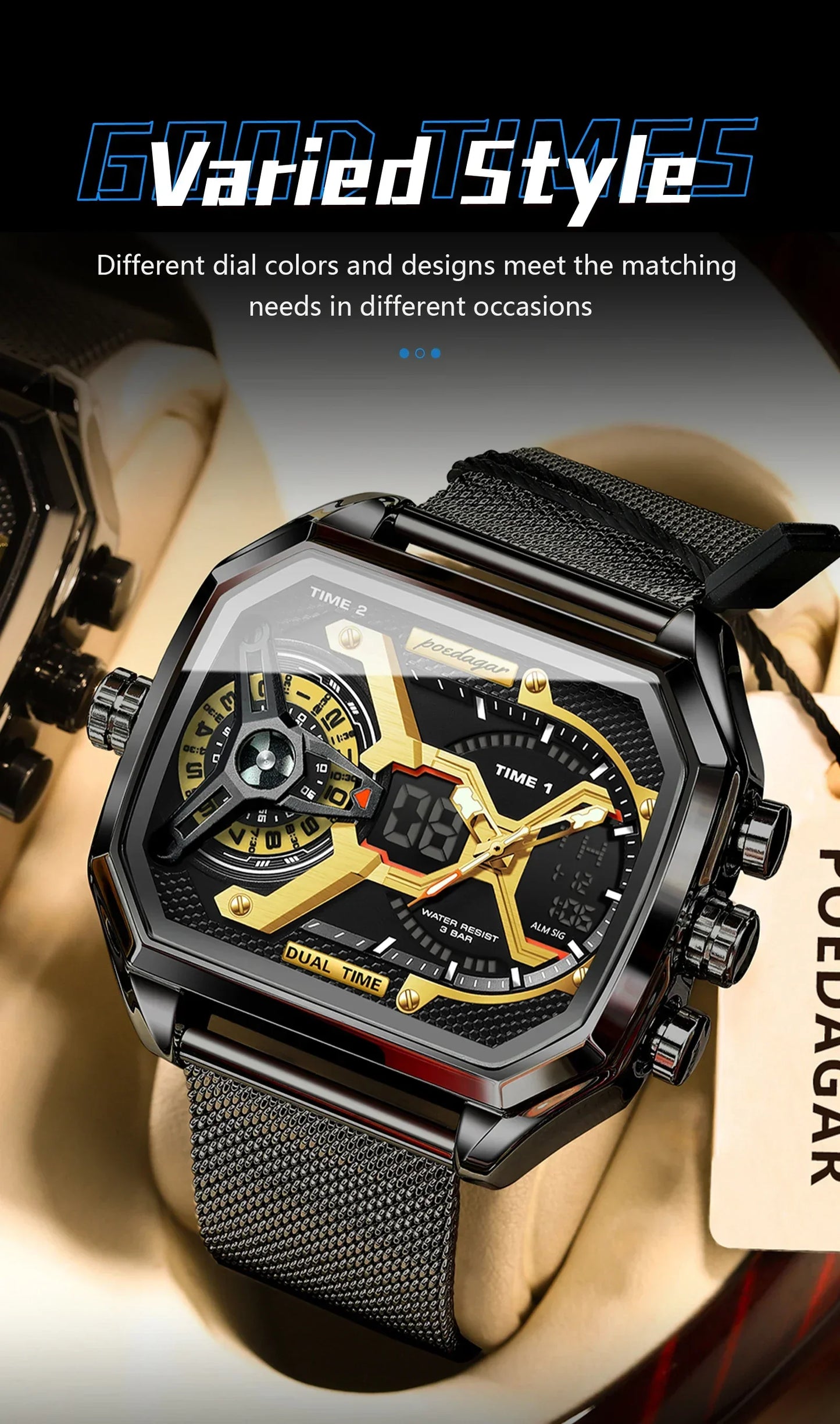 POEDAGAR Tactical Dual Display Chronograph Watch