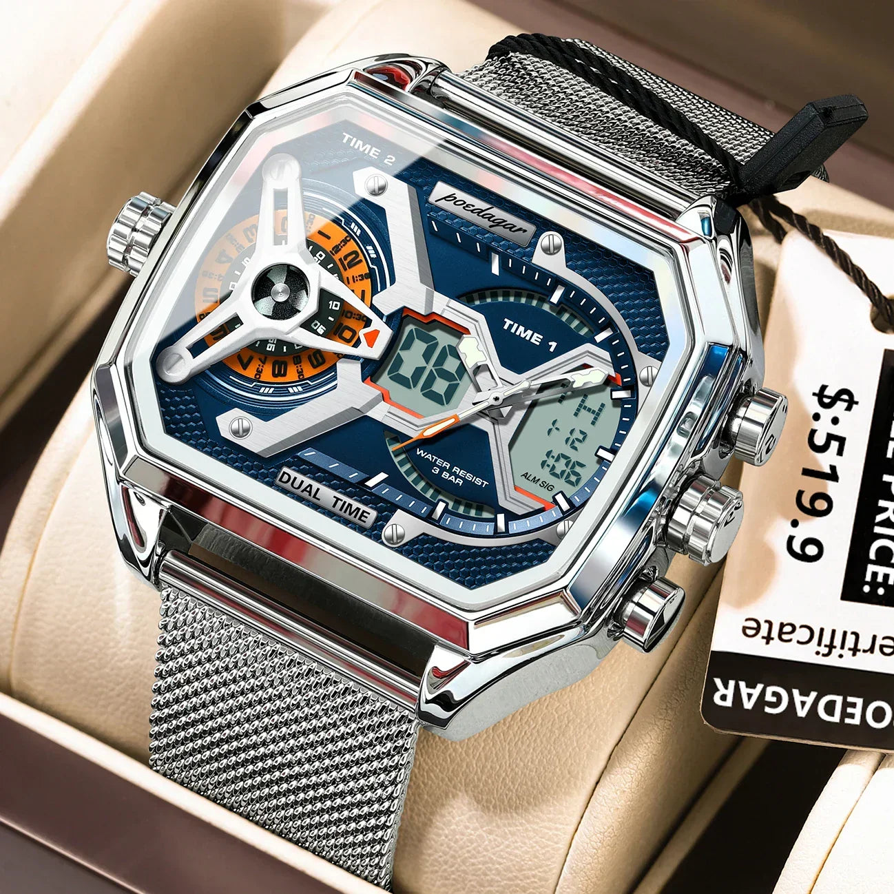 POEDAGAR Tactical Dual Display Chronograph Watch