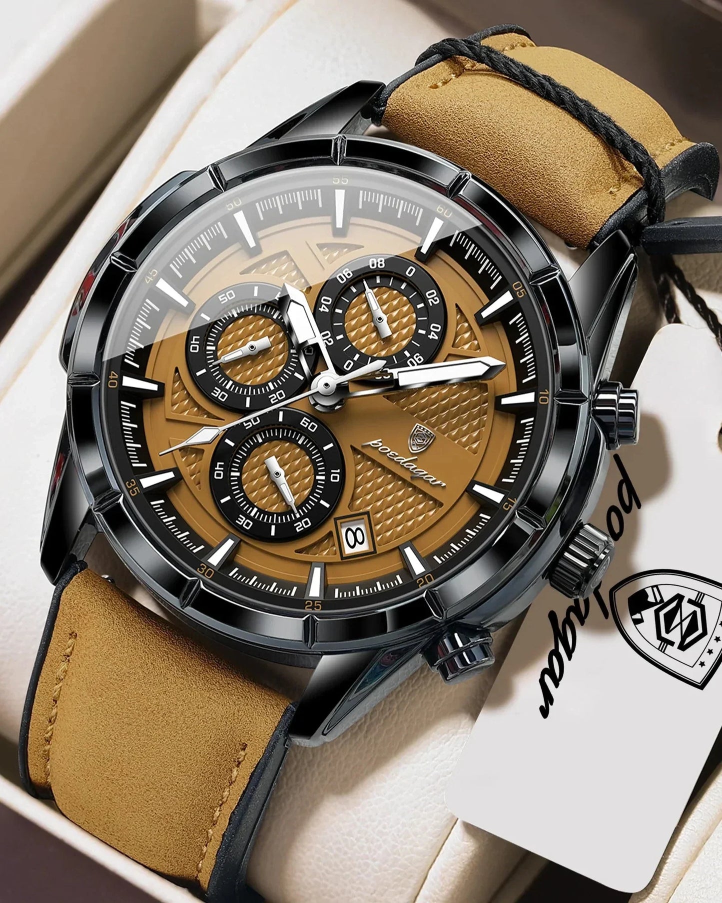 POEDAGAR Vintage Chrono Leather Watch